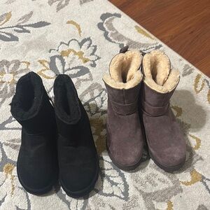 Two Pairs of BearPaw boots Black and Brown Suede Boots with Fur Lining